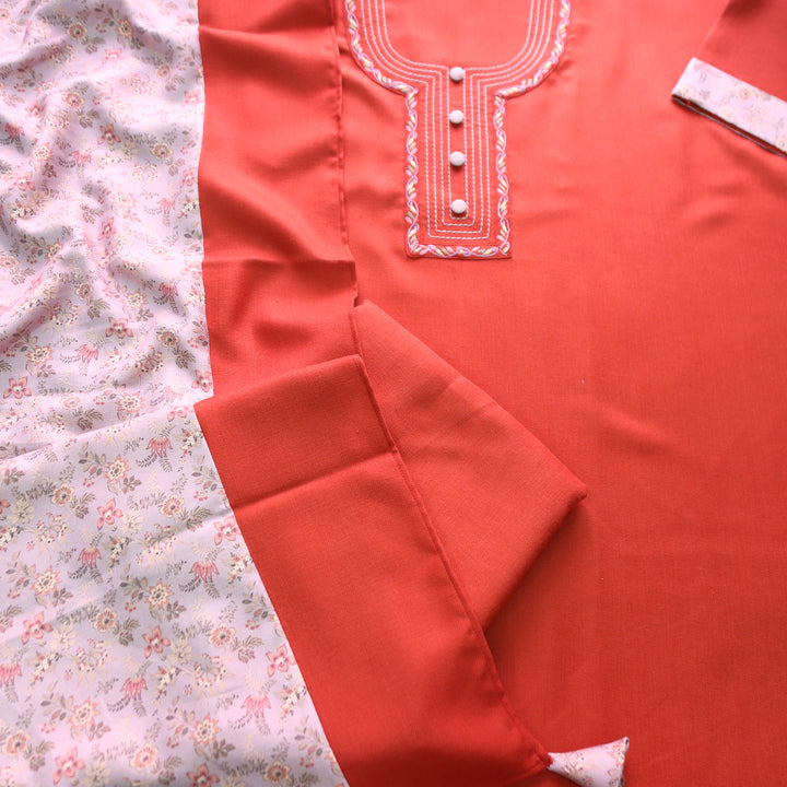 श्रीनारी Rust Orange Unique Thread and Button style Semi Pashmina Set