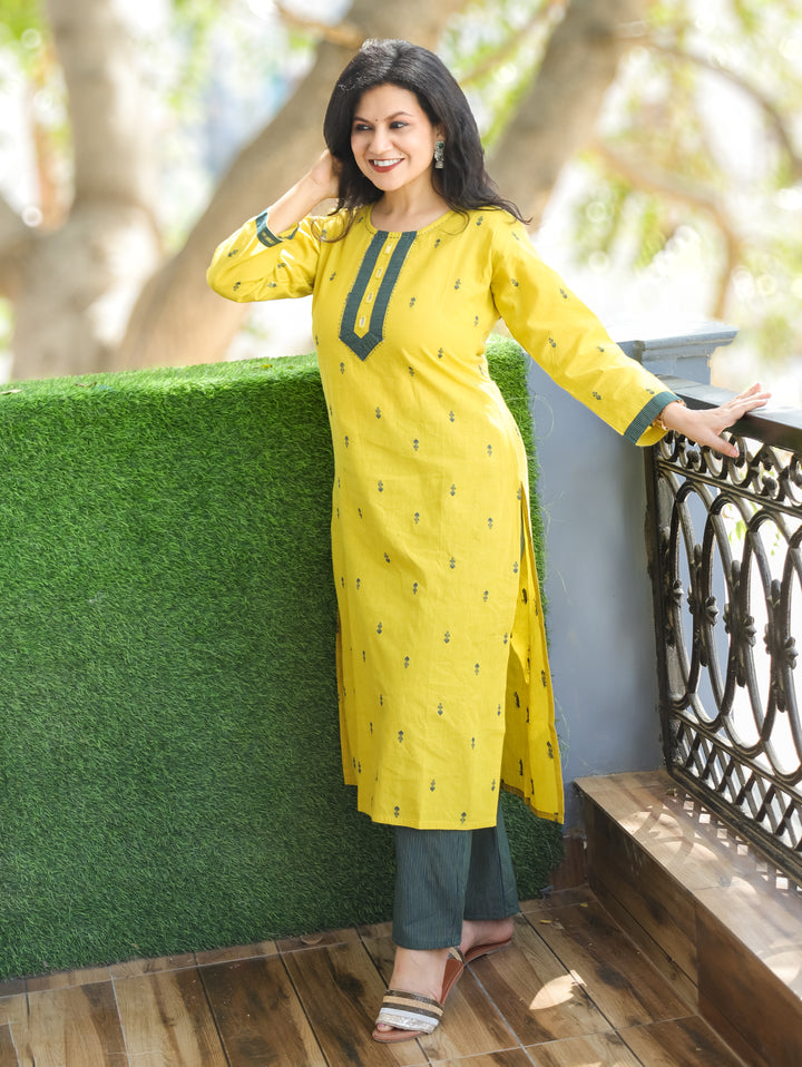 Mishthi Lemon Yellow Mirror Work Patch in Thread Waved Cotton 2 Piece Set