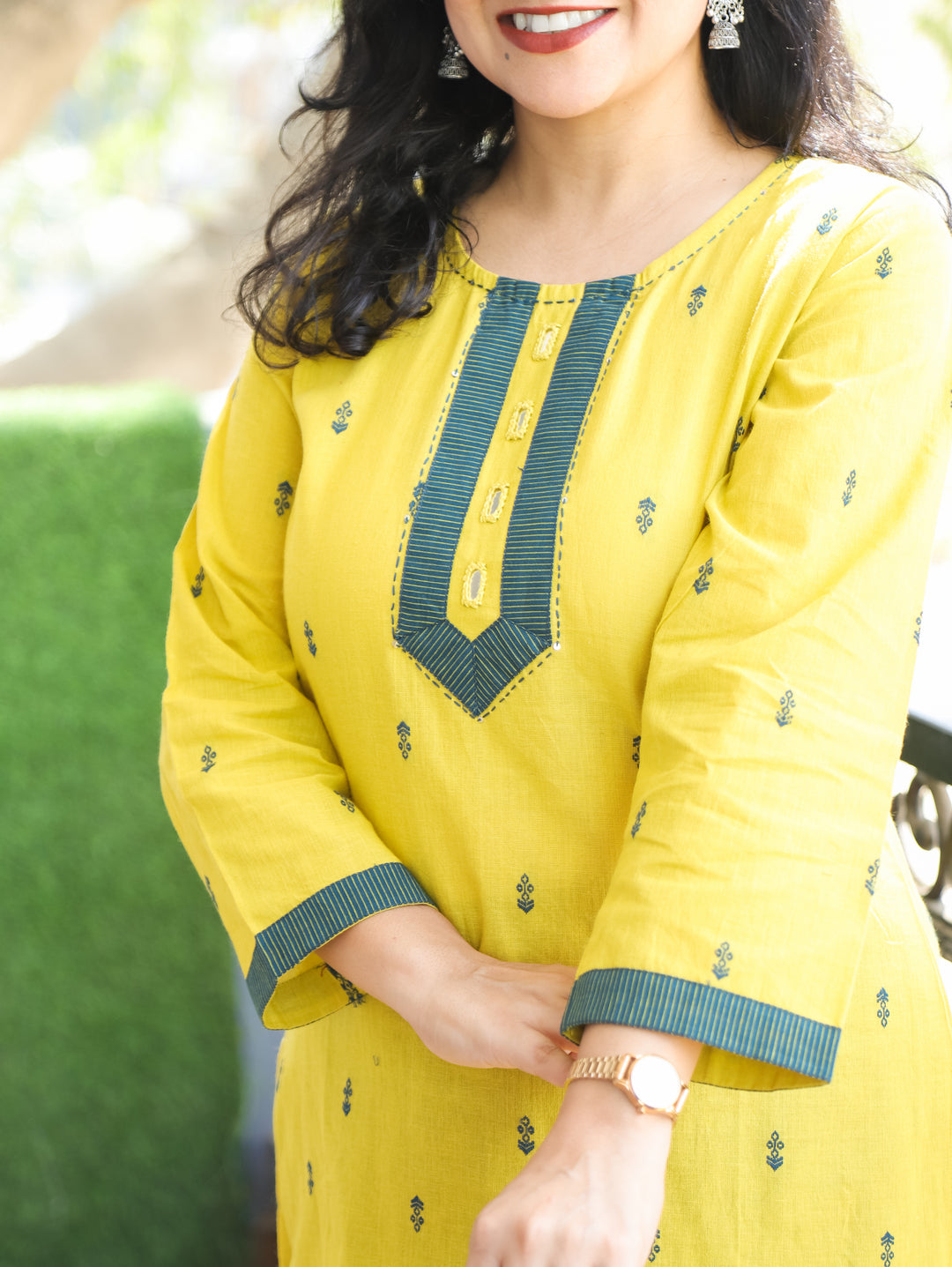 Mishthi Lemon Yellow Mirror Work Patch in Thread Waved Cotton 2 Piece Set