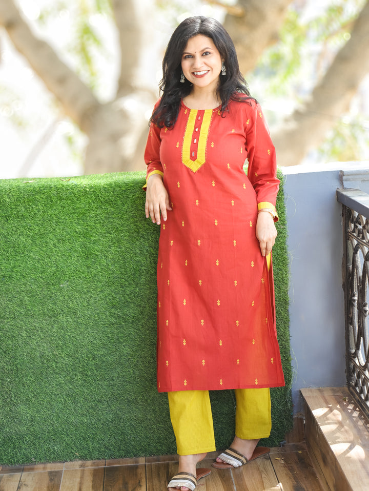 Mishthi Rust Orange Mirror Work Patch in Thread Waved Cotton 2 Piece Set