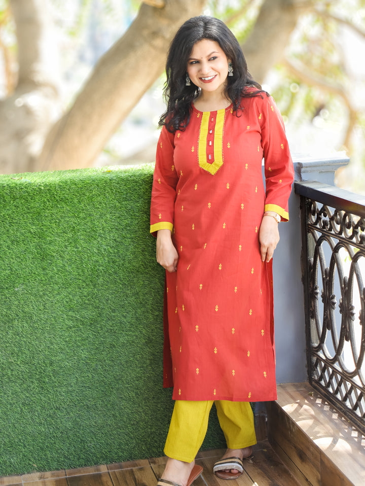 Mishthi Rust Orange Mirror Work Patch in Thread Waved Cotton 2 Piece Set