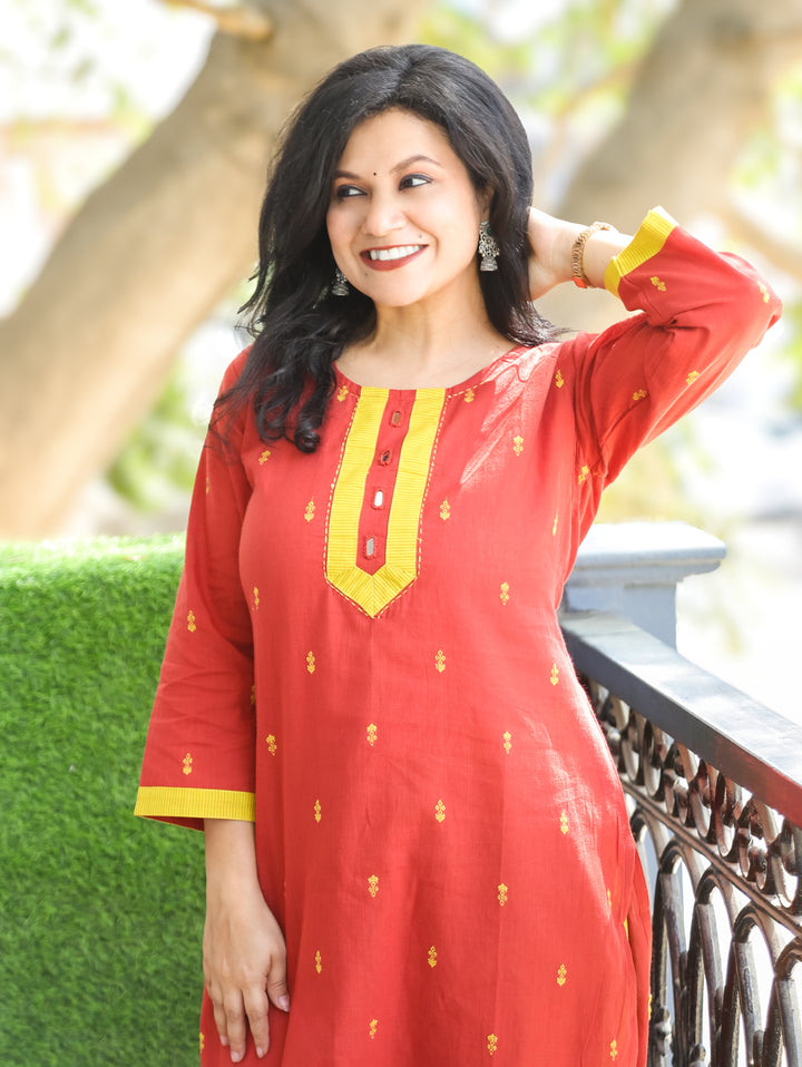 Mishthi Rust Orange Mirror Work Patch in Thread Waved Cotton 2 Piece Set