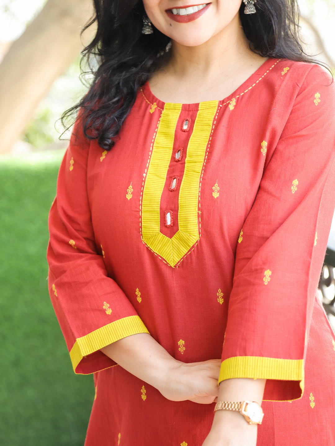 Mishthi Rust Orange Mirror Work Patch in Thread Waved Cotton 2 Piece Set