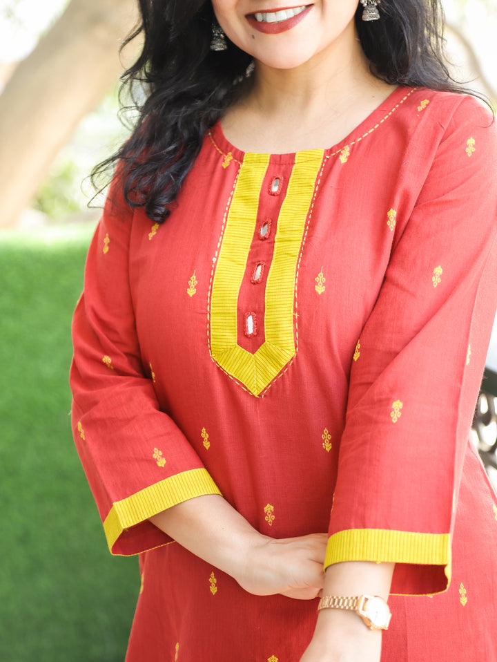 Mishthi Rust Orange Mirror Work Patch in Thread Waved Cotton 2 Piece Set
