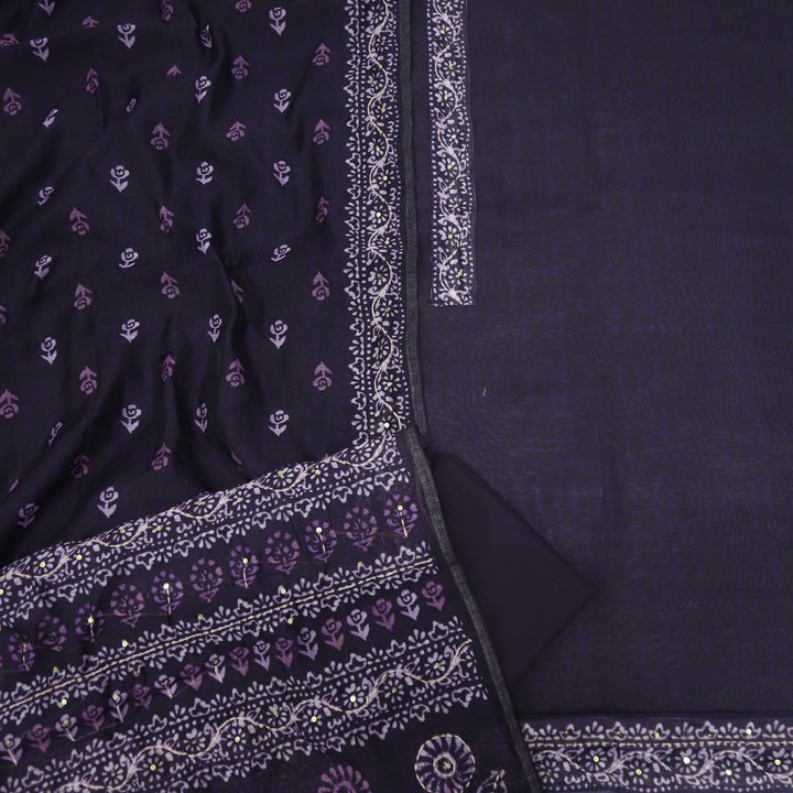 Ghoomar Purplish Blue Chanderi Top with Kantha Work Dupatta Set-D2