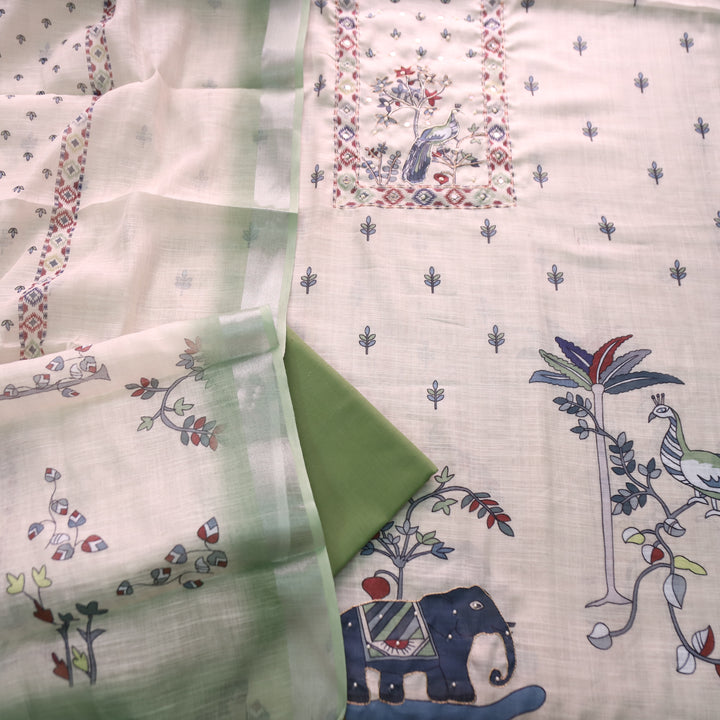Vamika Cream White with Green Peacoak Print with Spiral Work Cotton Linen Set