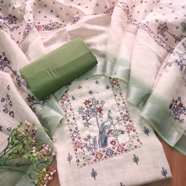 Vamika Cream White with Green Peacoak Print with Spiral Work Cotton Linen Set