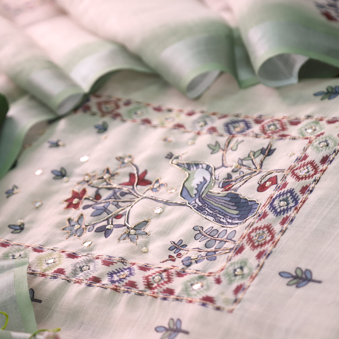 Vamika Cream White with Green Peacoak Print with Spiral Work Cotton Linen Set