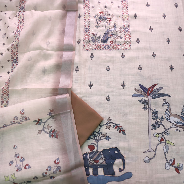 Vamika Cream White with Beige Peacoak Print with Spiral Work Cotton Linen Set