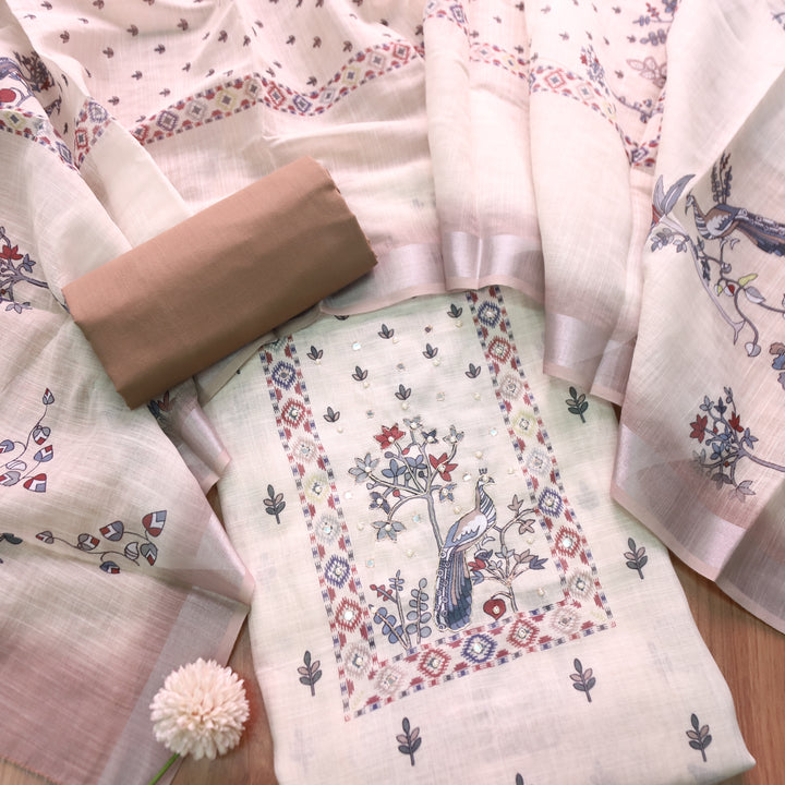 Vamika Cream White with Beige Peacoak Print with Spiral Work Cotton Linen Set