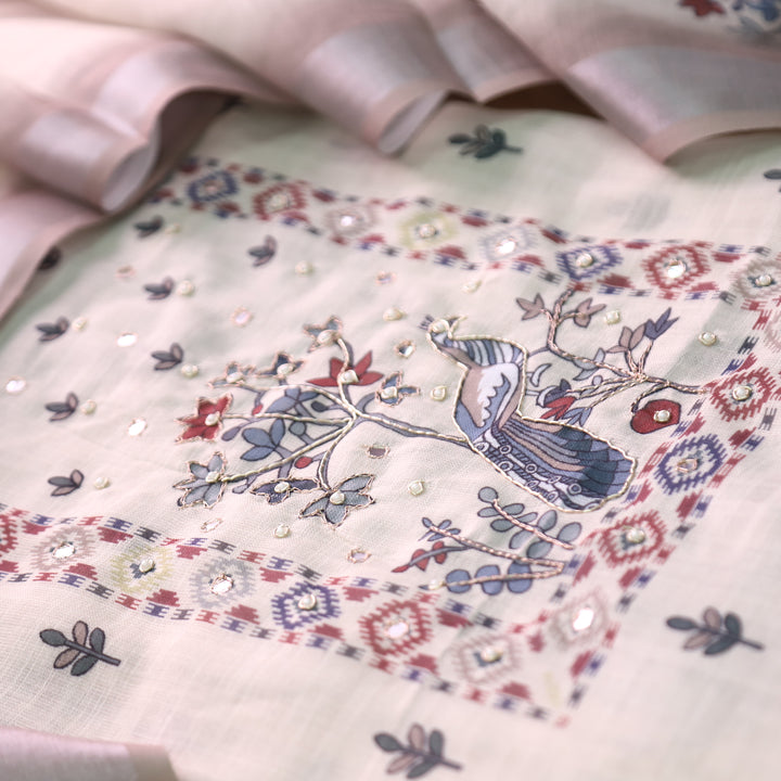 Vamika Cream White with Beige Peacoak Print with Spiral Work Cotton Linen Set