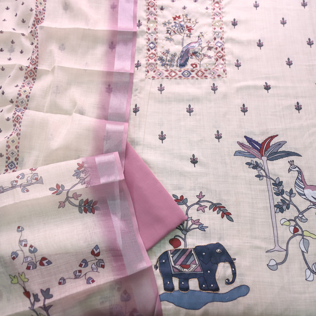 Vamika Cream White with Lilac Peacoak Print with Spiral Work Cotton Linen Set