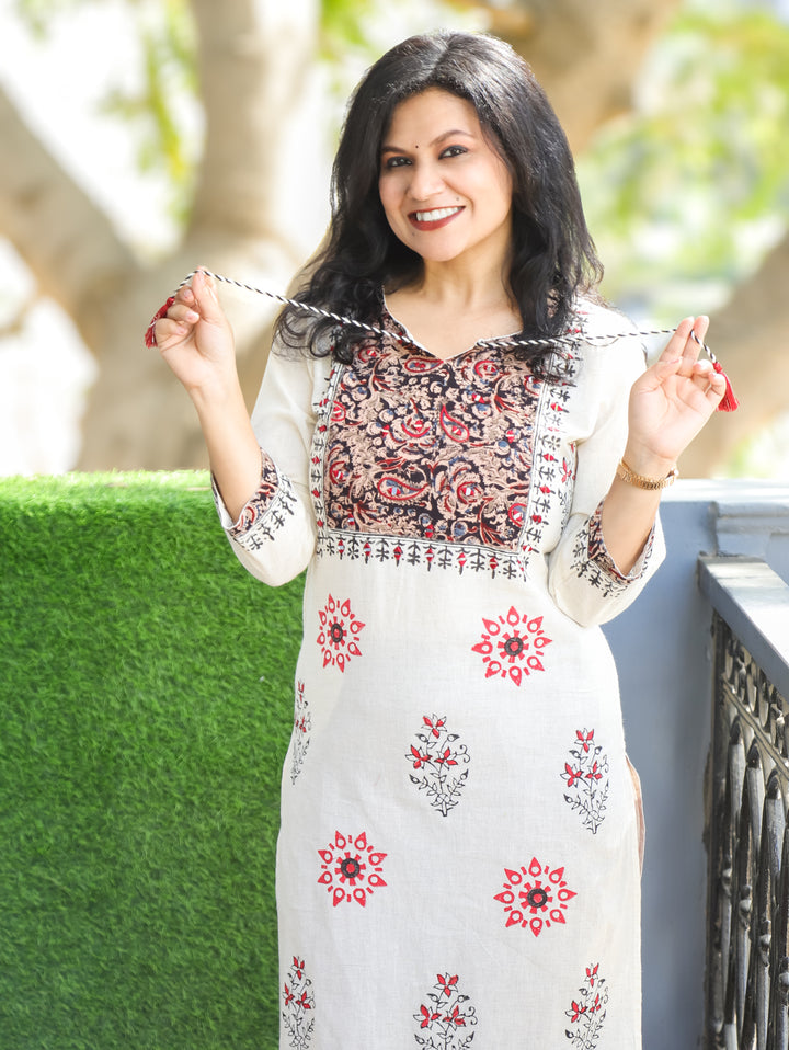Suhana Shell Beige Kalamkari Print Yoke with Knot in Block Print Cotton Kurti D1