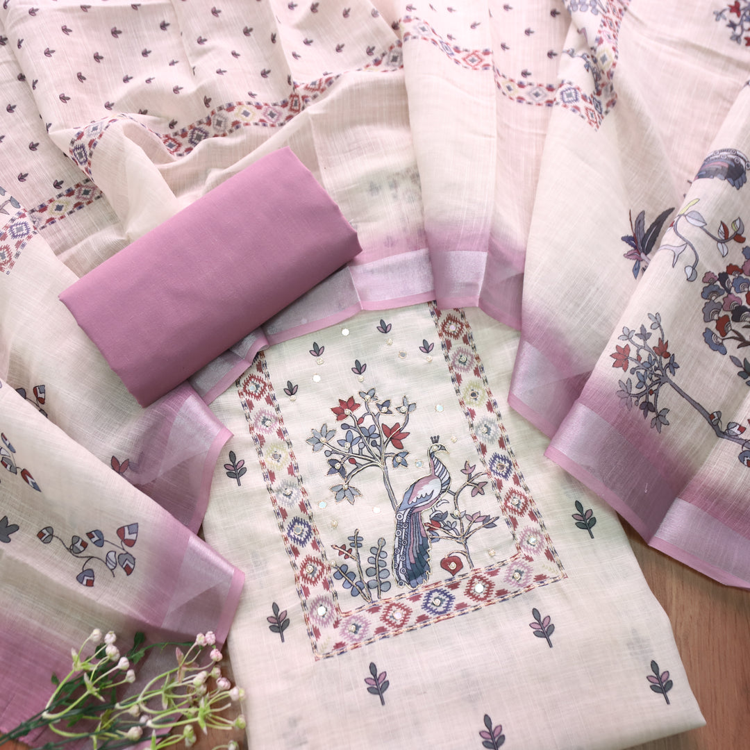 Vamika Cream White with Lilac Peacoak Print with Spiral Work Cotton Linen Set