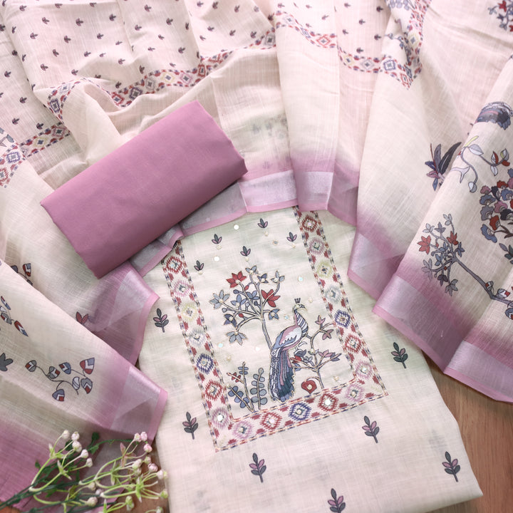 Vamika Cream White with Lilac Peacoak Print with Spiral Work Cotton Linen Set