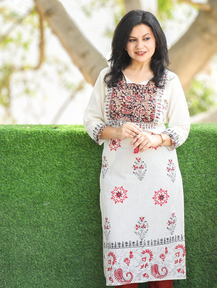 Suhana Shell Beige Kalamkari Print Yoke with Knot in Block Print Cotton Kurti D1