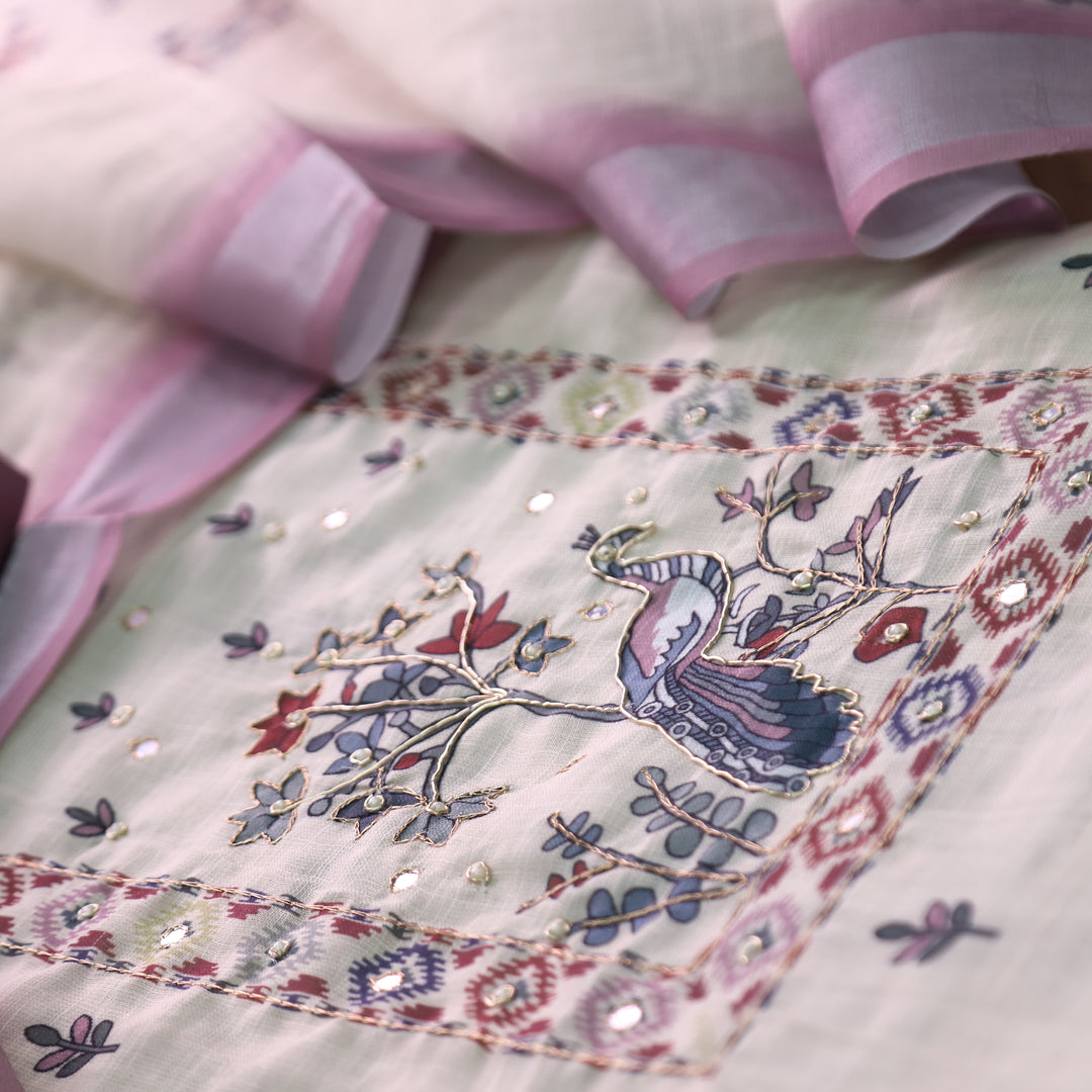 Vamika Cream White with Lilac Peacoak Print with Spiral Work Cotton Linen Set