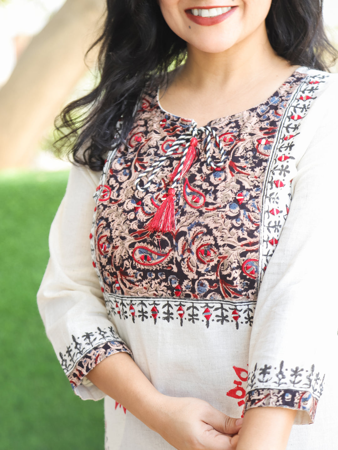 Suhana Shell Beige Kalamkari Print Yoke with Knot in Block Print Cotton Kurti D1