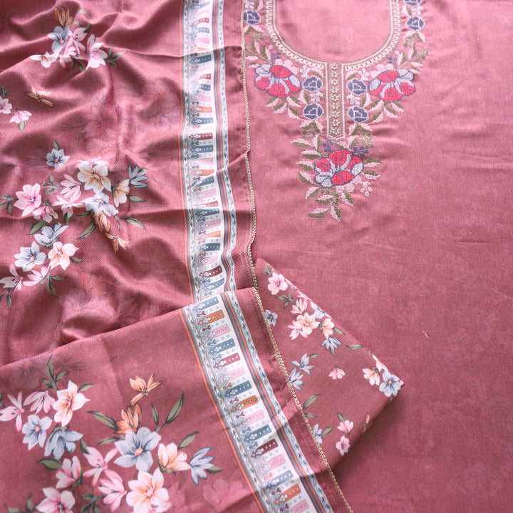 अवनि Mauve Pink Defined By Self Floral Print Cross-Stitch Semi Pashmina Winter Set