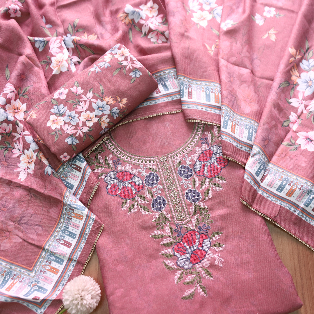 अवनि Mauve Pink Defined By Self Floral Print Cross-Stitch Semi Pashmina Winter Set