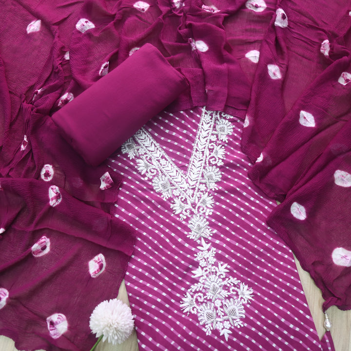 Rahi Magenta Purple V Neck Embellish Moti Work In leheriya Print Cotton Suit Set