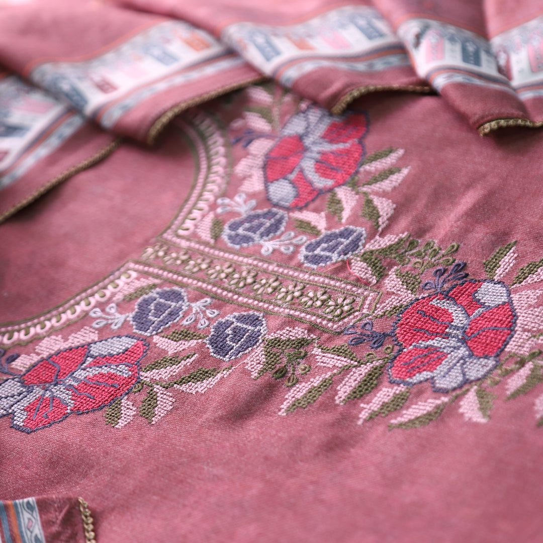 अवनि Mauve Pink Defined By Self Floral Print Cross-Stitch Semi Pashmina Winter Set