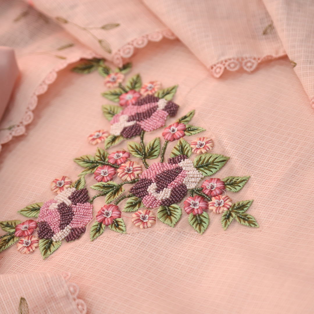 Noor Salmon Peach Thread Embriodered with Moti Work Kota Doriya Suit Set