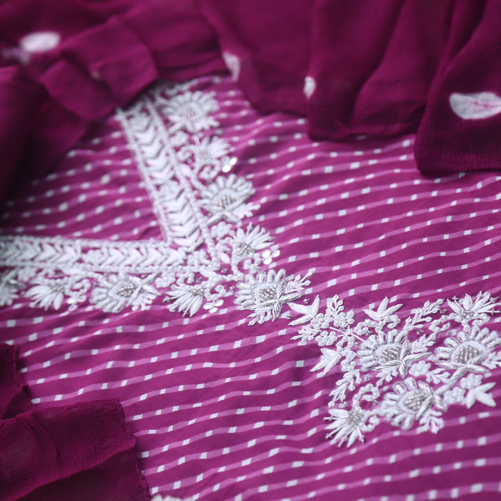 Rahi Magenta Purple V Neck Embellish Moti Work In leheriya Print Cotton Suit Set