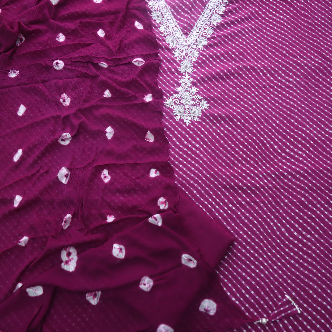Rahi Magenta Purple V Neck Embellish Moti Work In leheriya Print Cotton Suit Set