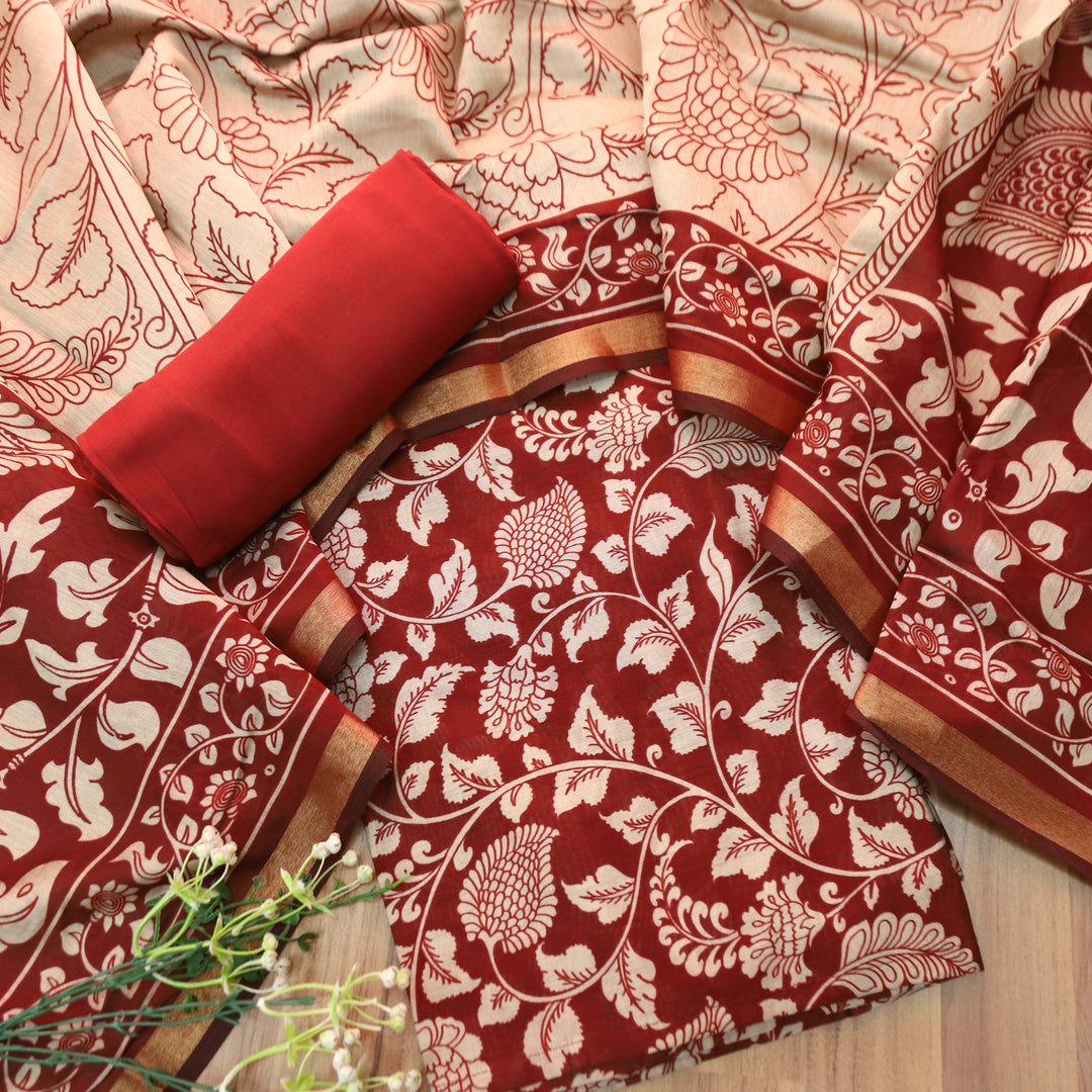 Yashfa Barn Maroon All OVer Kalamkari Printed Maheswari Chanderi Set