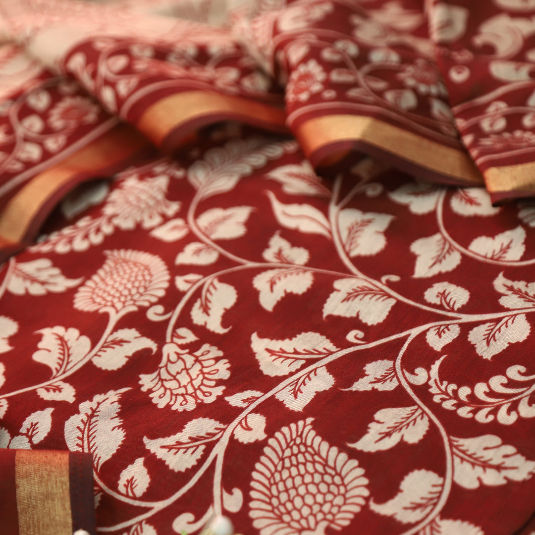 Yashfa Barn Maroon All OVer Kalamkari Printed Maheswari Chanderi Set