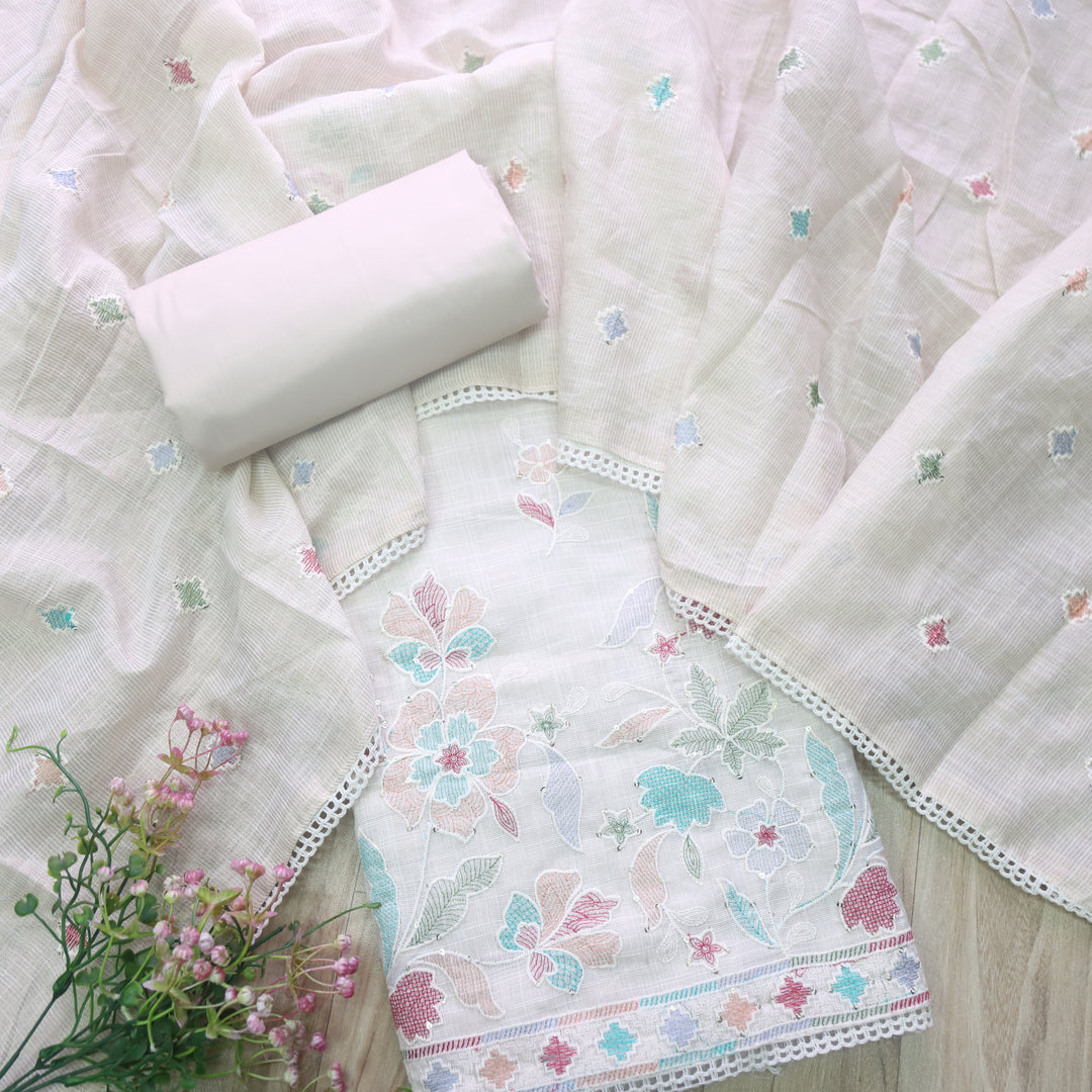 Zulfa Beige with Floral Thread Embriodery Tissue Chanderi Suit Set