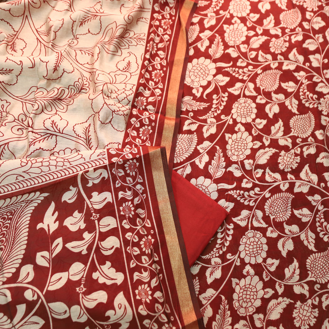 Yashfa Barn Maroon All OVer Kalamkari Printed Maheswari Chanderi Set