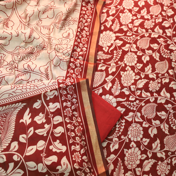 Yashfa Barn Maroon All OVer Kalamkari Printed Maheswari Chanderi Set