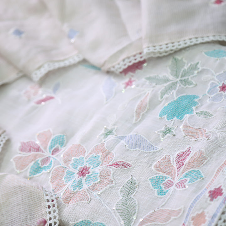 Zulfa Beige with Floral Thread Embriodery Tissue Chanderi Suit Set