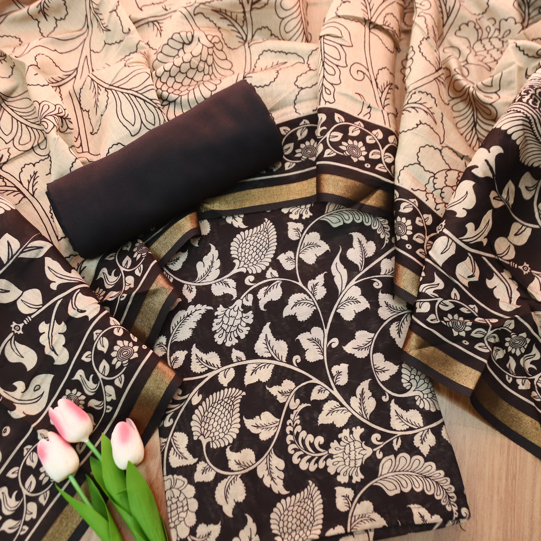 Yashfa MIdnight Black All Over Kalamkari Printed Maheswari Chanderi Set