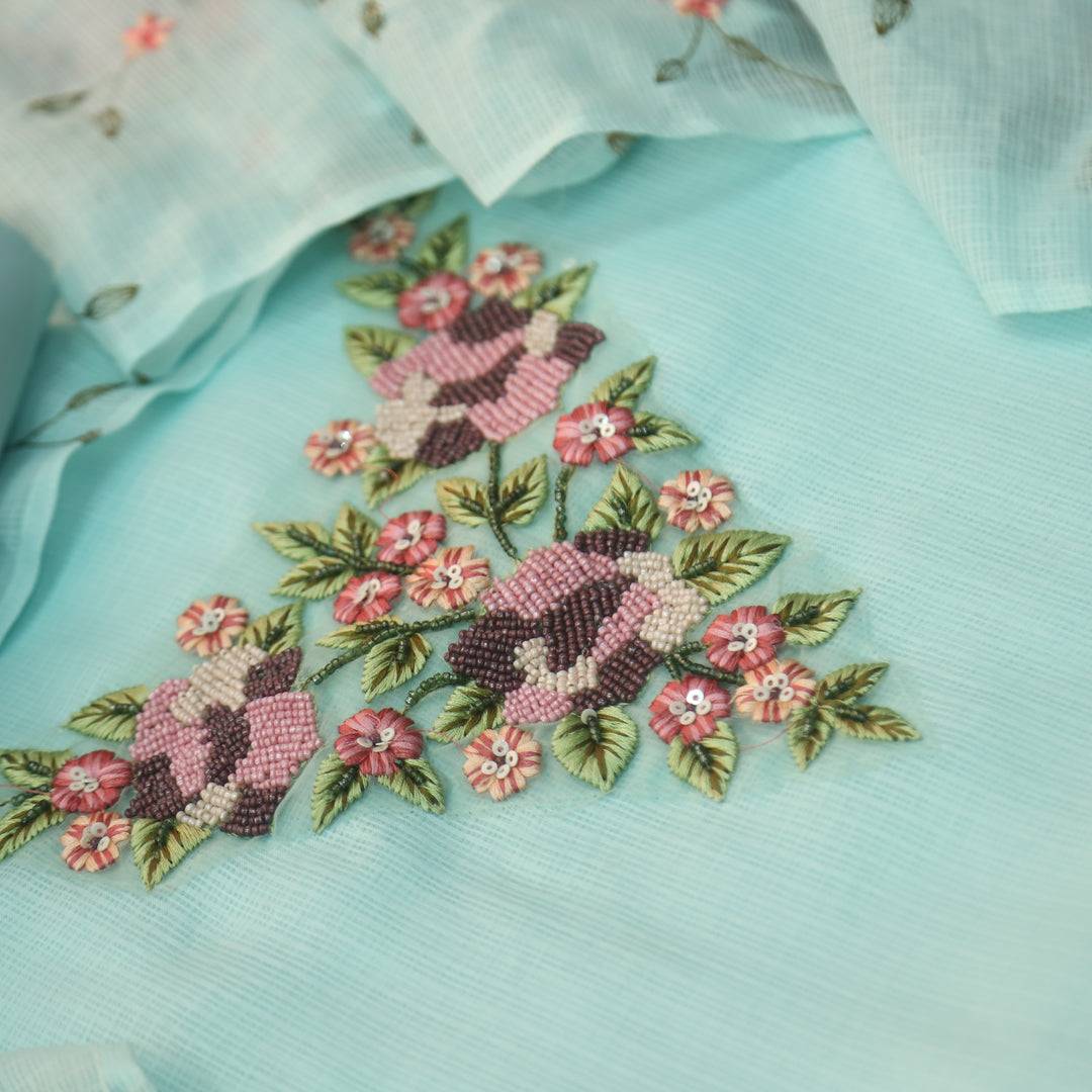 Noor Sea Form Blue Thread Embriodered with Moti Work Kota Doriya Suit Set