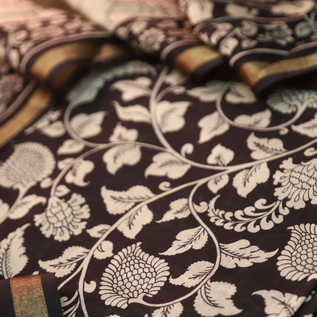 Yashfa MIdnight Black All Over Kalamkari Printed Maheswari Chanderi Set