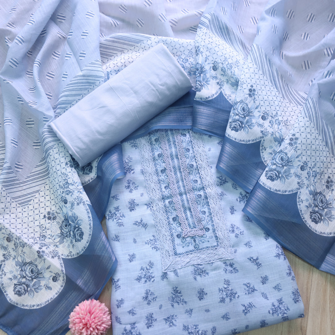 Noor Bliuish Grey Lace Work Floral Printed Cotton Linen Suit Set