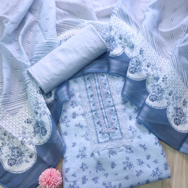 Noor Bliuish Grey Lace Work Floral Printed Cotton Linen Suit Set