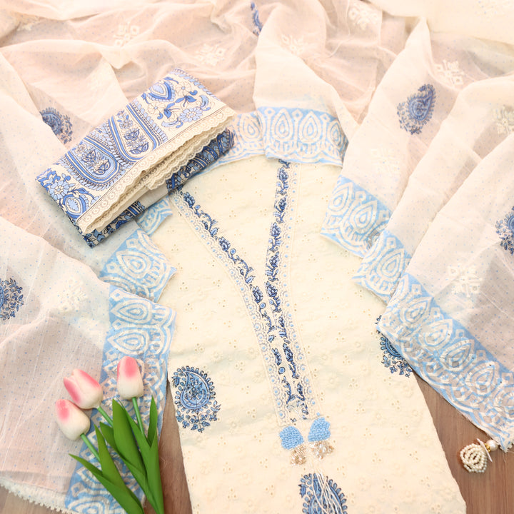 Yashvi Cream White with Blue Block Printed V Neck Lace Work Cotton Schiffli Set