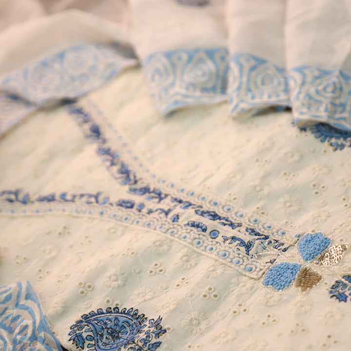 Yashvi Cream White with Blue Block Printed V Neck Lace Work Cotton Schiffli Set