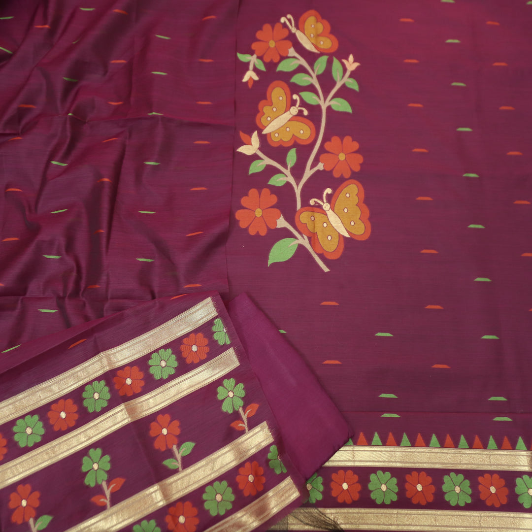 Ishika Dark Wine All Over Authentic and Floral Jamdani Weaved Hem Chanderi Set