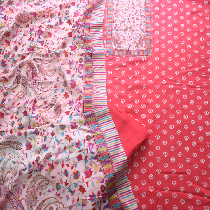 Zulfa Bright Pink Floral Patch Yock Printed Jam Cotton Satin Suit Set