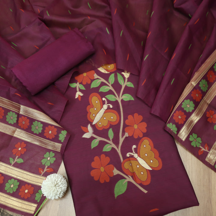 Ishika Dark Wine All Over Authentic and Floral Jamdani Weaved Hem Chanderi Set