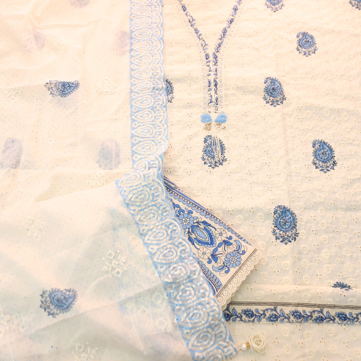 Yashvi Cream White with Blue Block Printed V Neck Lace Work Cotton Schiffli Set