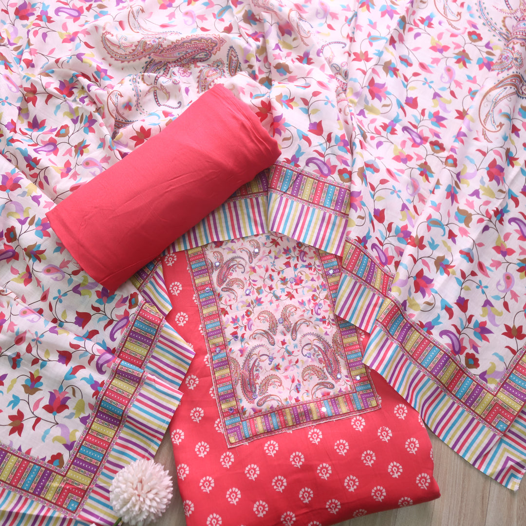 Zulfa Bright Pink Floral Patch Yock Printed Jam Cotton Satin Suit Set