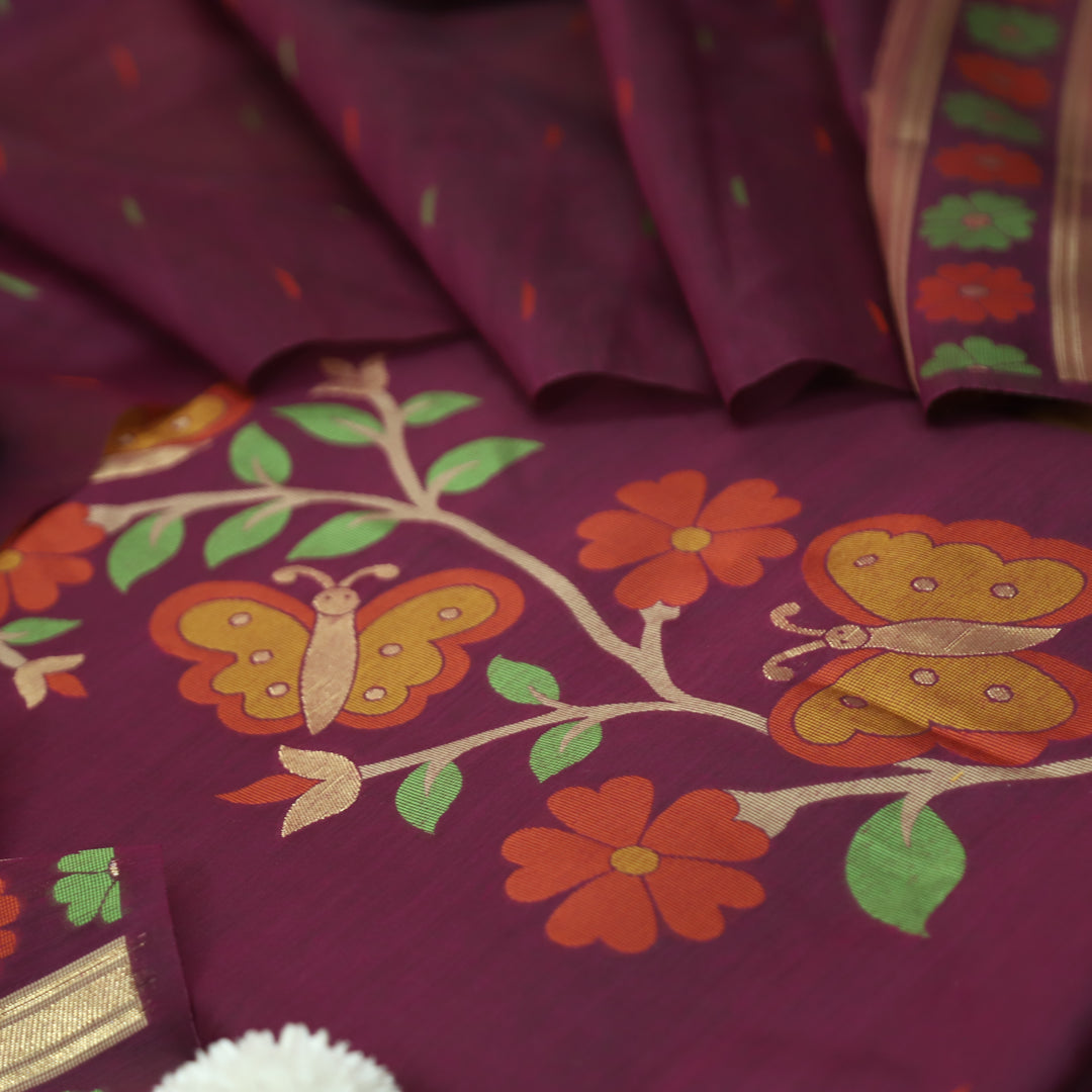 Ishika Dark Wine All Over Authentic and Floral Jamdani Weaved Hem Chanderi Set