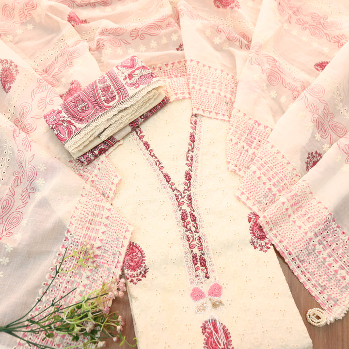 Yashvi Cream White with Pink Block Printed V Neck Lace Work Cotton Schiffli Set