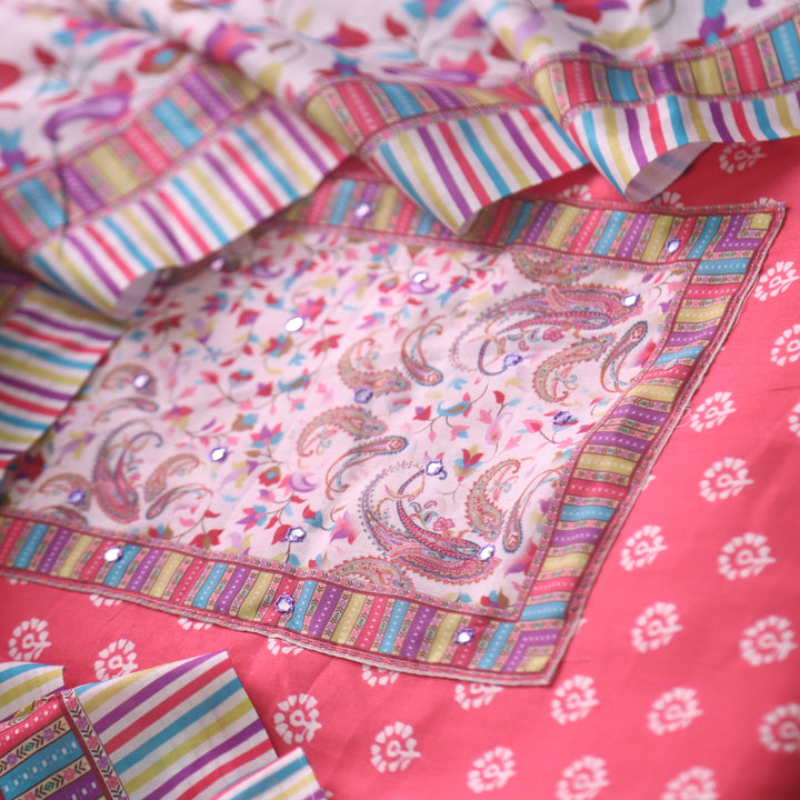 Zulfa Bright Pink Floral Patch Yock Printed Jam Cotton Satin Suit Set